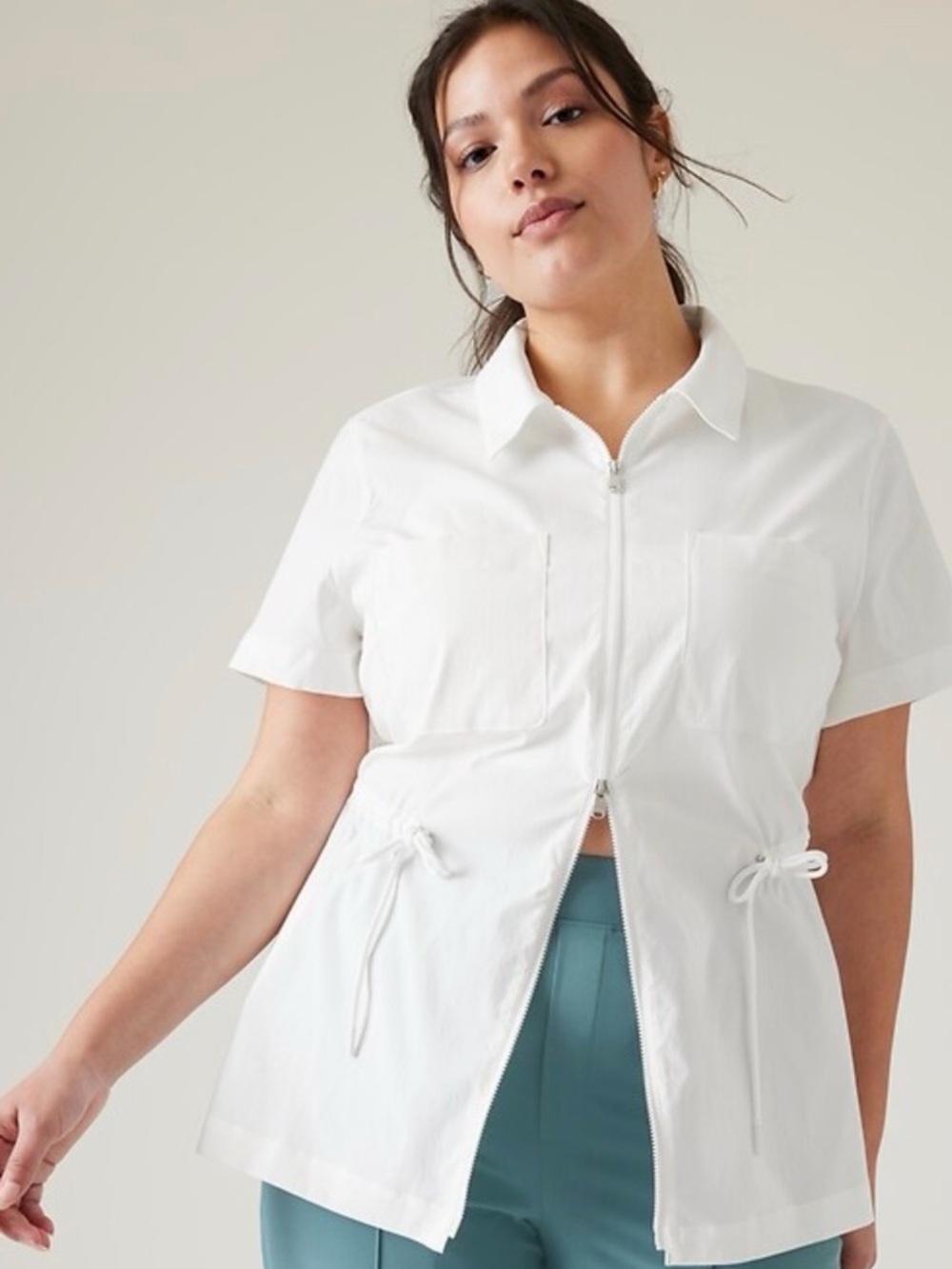 Athleta Advantage Performance Poplin White Zip-Front Short Sleeve Shirt, L, NWT